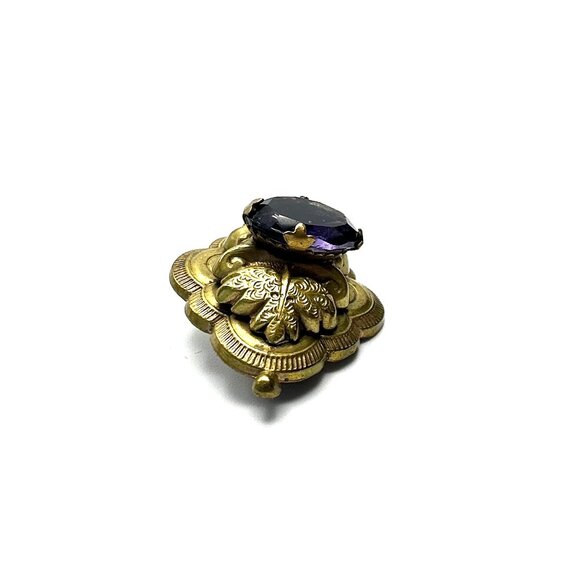 Victorian 1870s Gilt Brass Amethyst Brooch—Dimensional Leaf Design — GUC - Picture 9 of 10